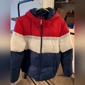 GUESS Los Angeles Men’s Puffer Jacket Tri-Color Block Hooded Padded Coat Medium